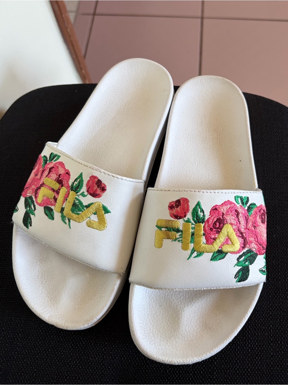 Fila White Slide Sandals with Pink Floral Embroidery